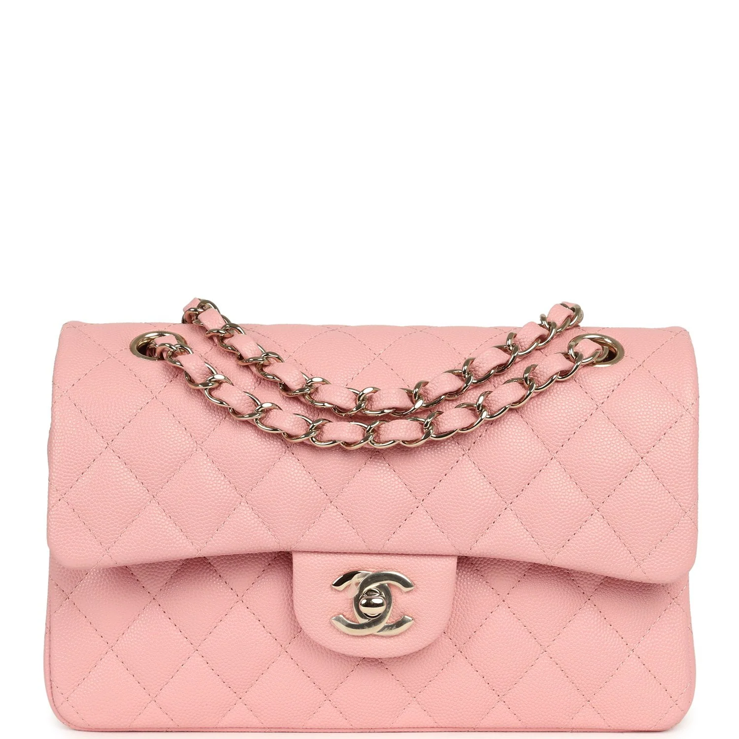 CHANEL Small Classic Double Flap Bag Pink Shiny Caviar Light Gold Hardware