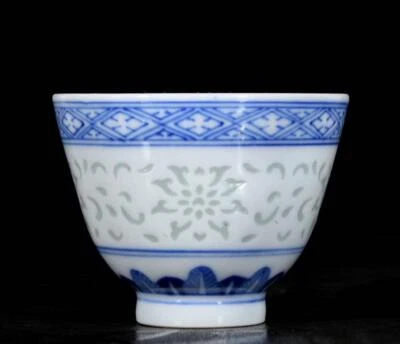 Pair Wanyu Signed Old Chinese Blue and White Cup W/flower N3568