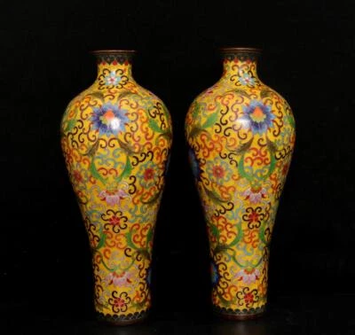 35CM Qianlong Signed Pair Old Chinese Cloisonne Enamel Bronze Vase  N2679