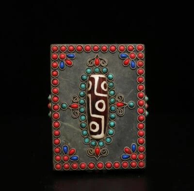 194G Old Chinese Carved Nephrite Thang-ga Inlay Dzi Tianzhu Beads