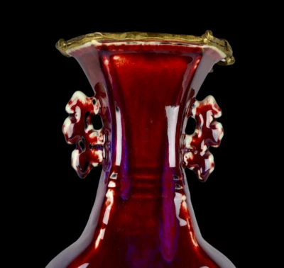 45CM Yongzheng Signed Old Chinese Yaobian Glaze Red Glaze Vase w/ear N3908