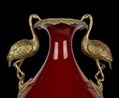 35CM Qianlong Signed Old Chinese Langhong Red Glaze Vase w/crane N4036