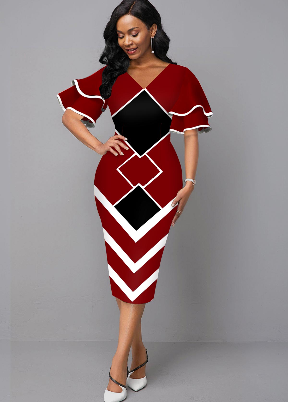 Geometric Print V Neck Sheath Dress
