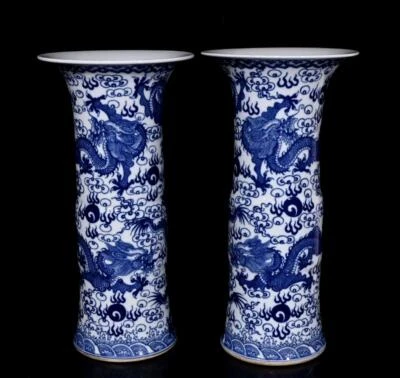 48CM Pair Kangxi Signed Old Chinese Blue and White Vase W/ dragon N465