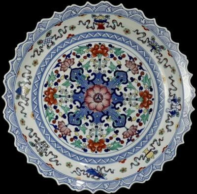 40CM Chenghua Signed Old Chinese Doucai Dish W/flower N1188