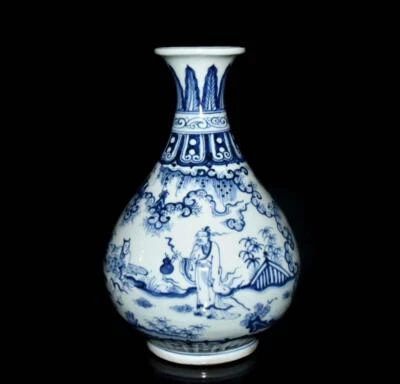 32CM Tianshun Signed Old Chinese Blue and White Vase W/figure N3068