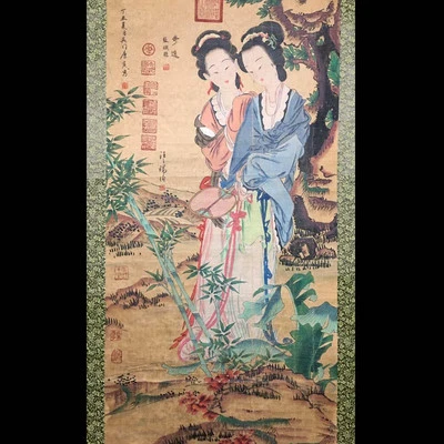 Tang Yin Signed Chinese Hand Painted Calligraphy Scroll w/lady N4186