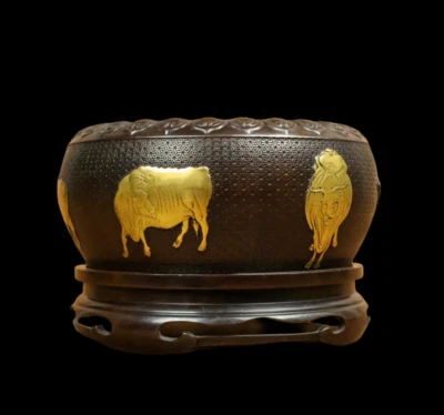 Qianlong Signed Old Chinese Red Copper Handmade Incense Burner w/cow N3833