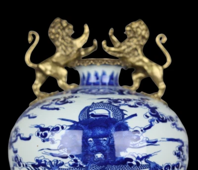 46CM Qianlong Signed Old Chinese Blue and White Vase w/dragon N3935