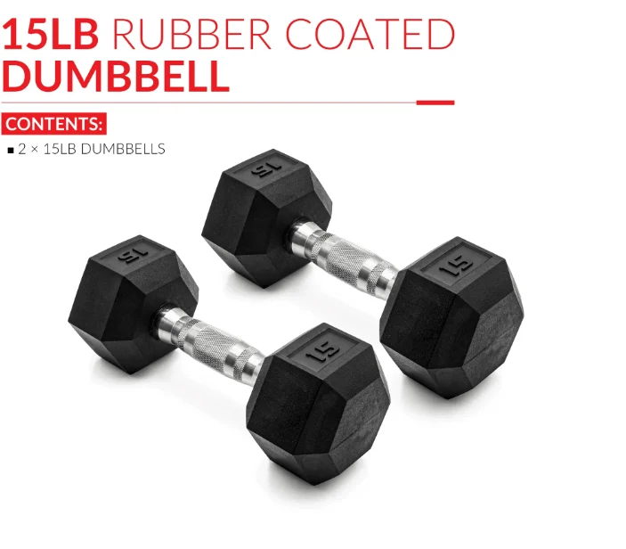 5lb 8lb 10lb 12lb 15lb Coated Rubber Hex Dumbbell, Pair of 2