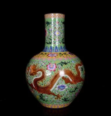 40CM Qianlong Signed Old Chinese Famille Rose Vase W/ dragon N112