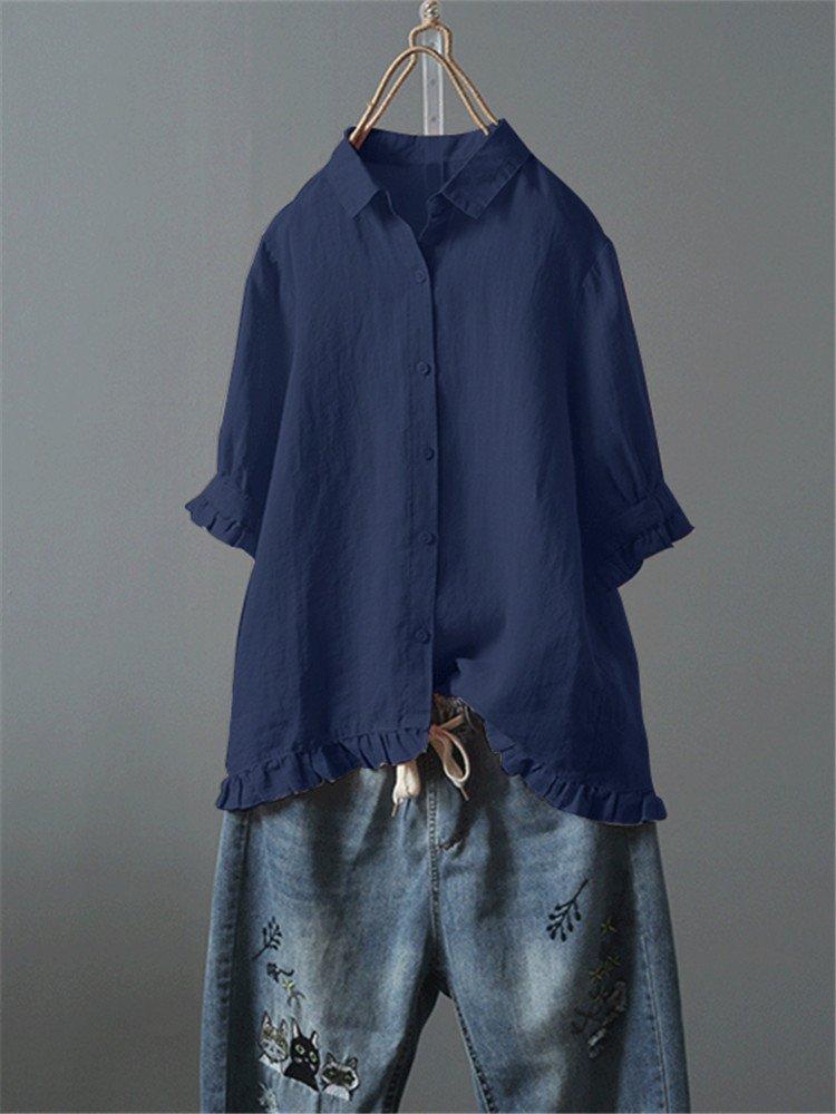 Solid Casual 3/4 Sleeve Turn-down Collar Casual Tops