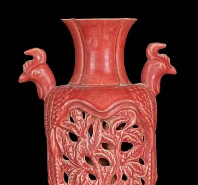 31CM Signed Old Chinese Chai Kiln Red Glaze Vase w/flower N729