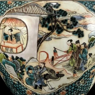 Kangxi Signed Old Chinese Wucai Brush Washer W/ figure N1337