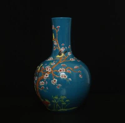 32.5CM Qianlong Signed Antique Chinese Famille Rose Vase W/plum blossom
