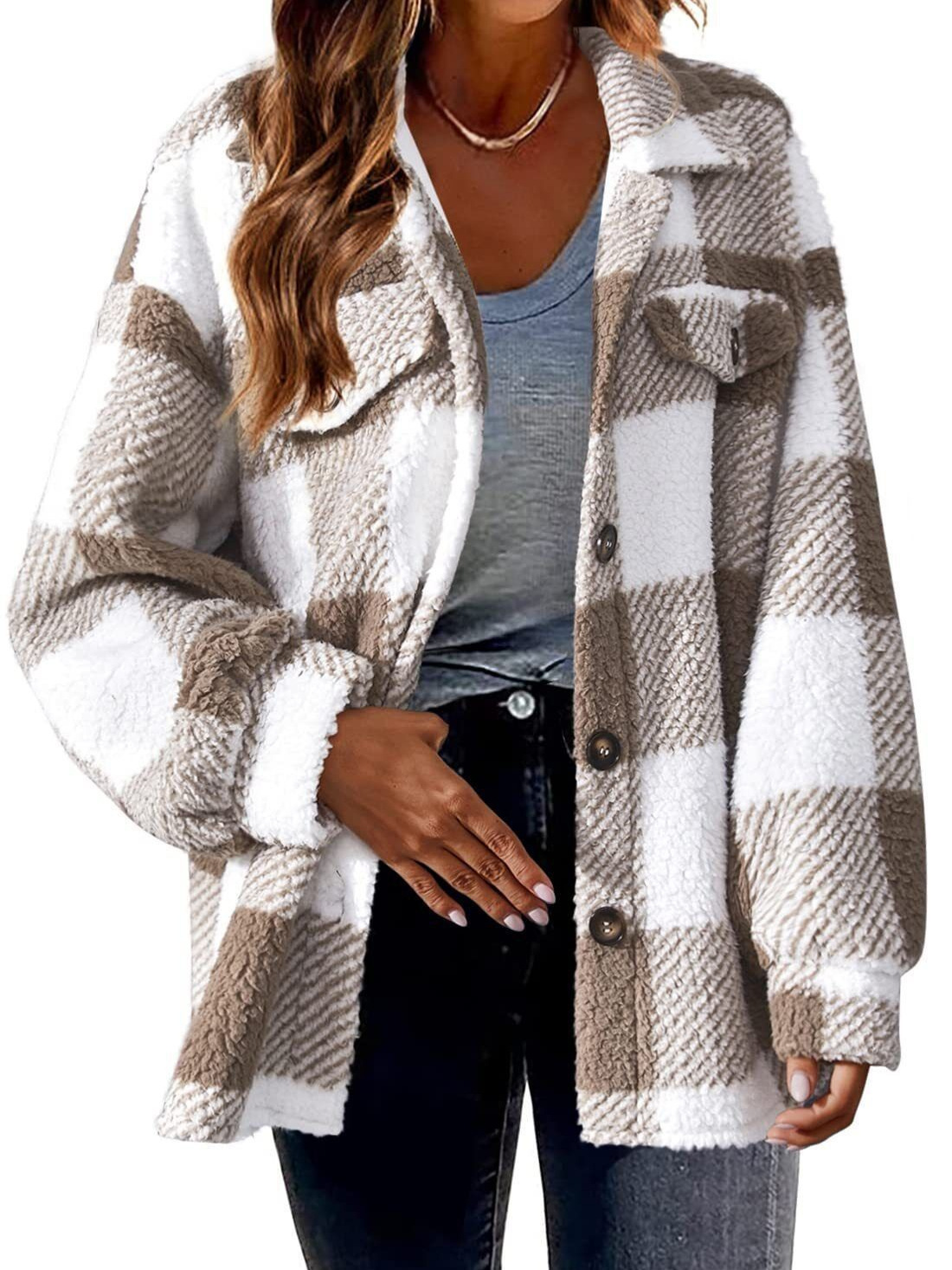 Spot Cross-Border Amazon European and American Autumn and Winter Open Button Lapel Plush Jacket Plaid Pattern Button Jacket to Heattech
