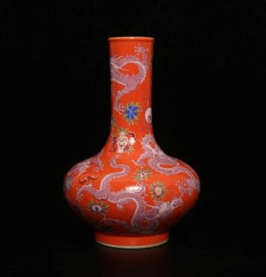Kangxi Signed Antique Chinese Famille Rose Red Galze Vase W/dragon