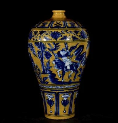 45CM Old Chinese Blue and White Yellow Glaze Vase W/figure N3427