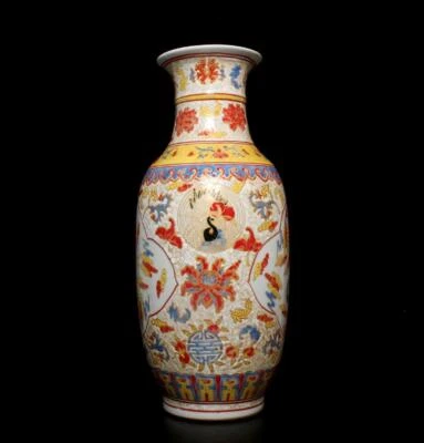 46CM Qianlong Old Signed Antique Chinese Five Colors Porcelain Vase w/ flower