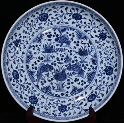 42CM Xuande Signed Old Chinese Blue and White Dish Plate W/fish N391