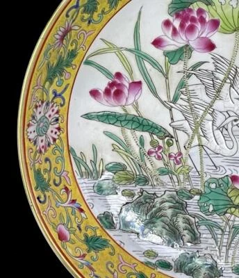 Old Yongzheng Signed Chinese Famille Rose Dish W/crane N577