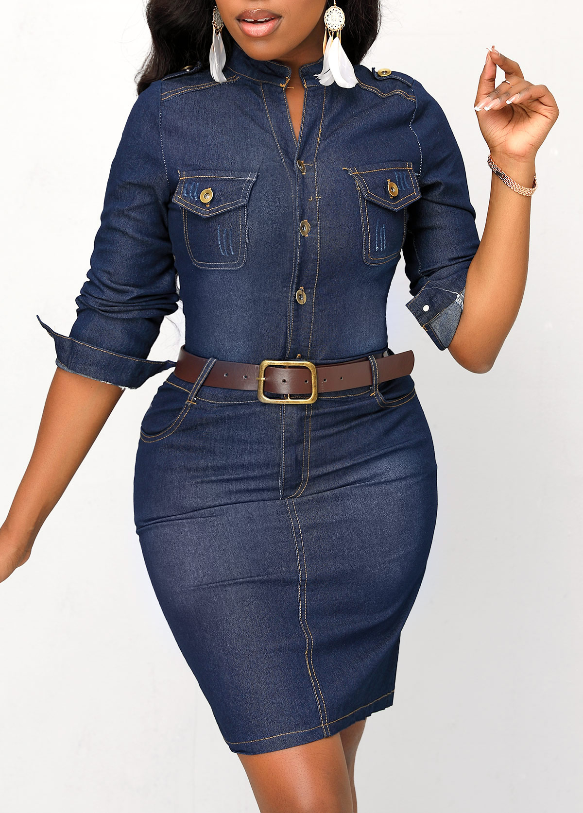 Pocket Navy Long Sleeve Bodycon Dress