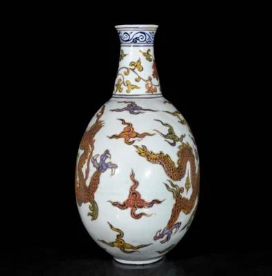 45CM Xuande Signed Old Chinese Wucai Vase W/dragon N3630