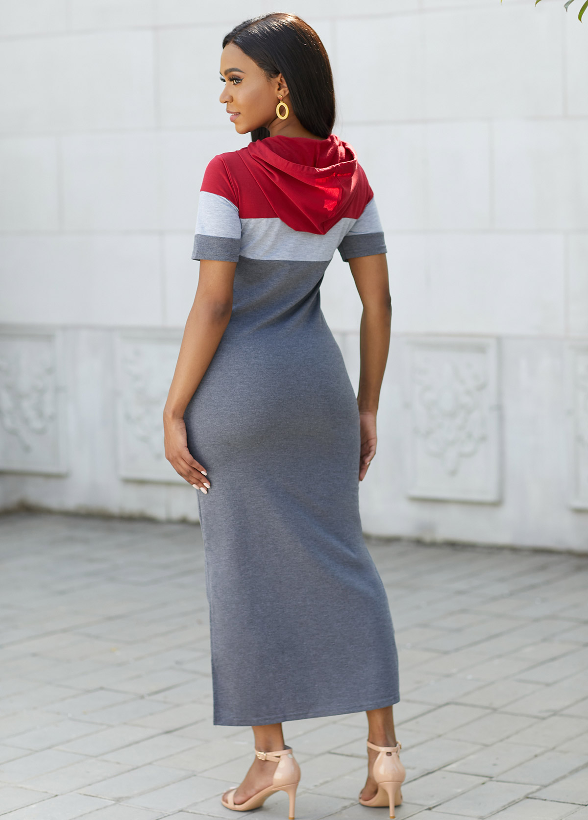 Hooded Collar Contrast Drawstring Maxi Dress