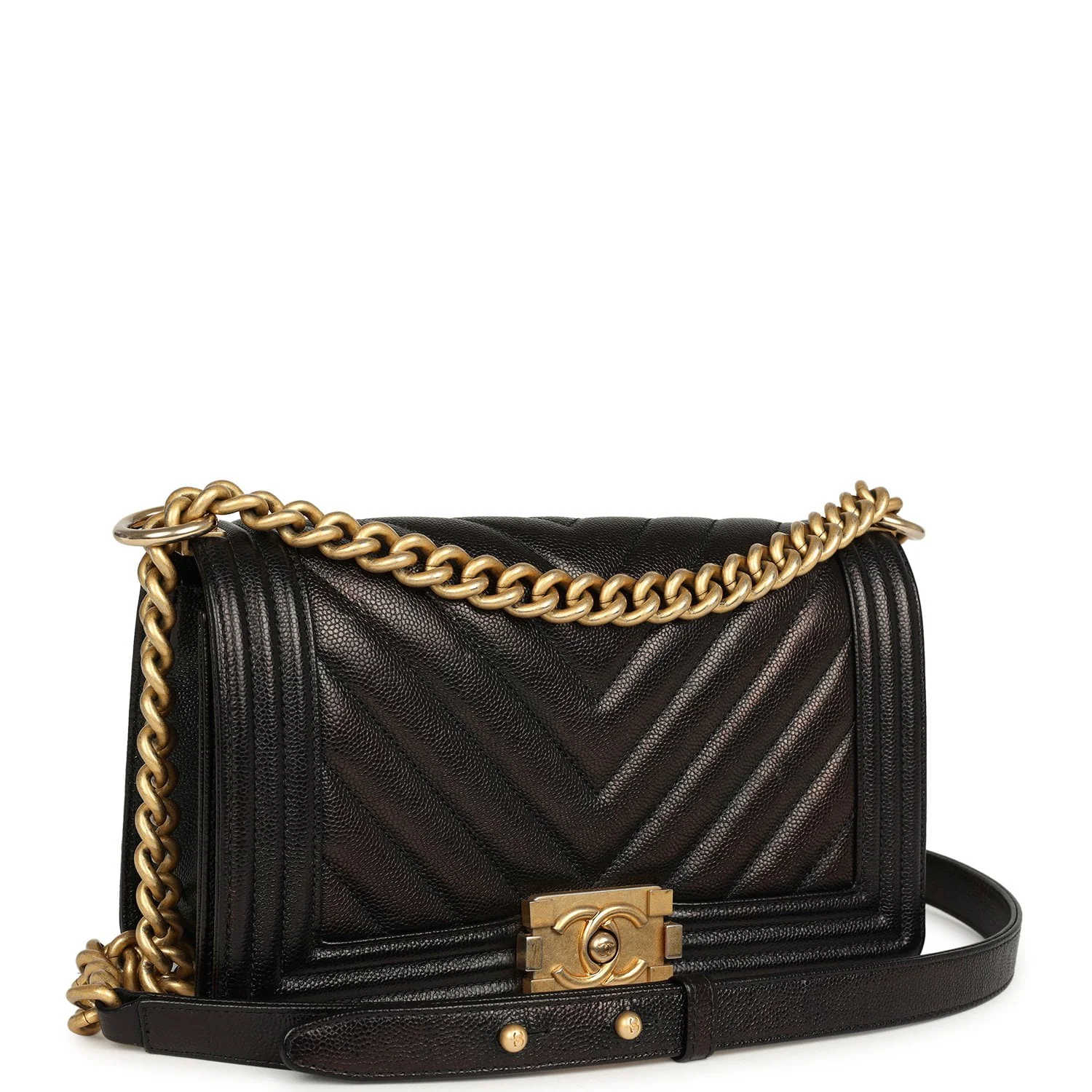 Chanel Medium Chevron Boy Bag Black Caviar Antique Gold Hardware