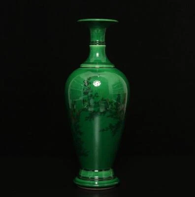 29.5CM Qianlong Signed Old Chinese Green Glaze Vase w/flower