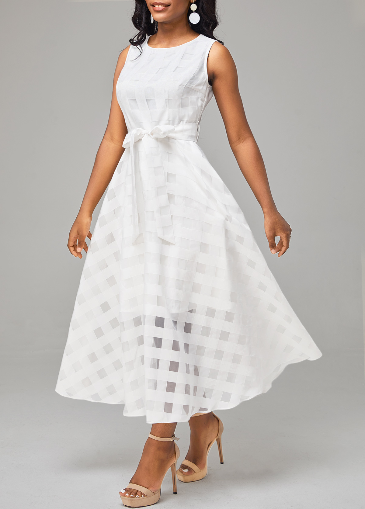 White Mesh Belted Sleeveless Round Neck Dress