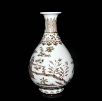 33CM Xuande Signed Old Chinese Underglaze Red Vase W/tree N3054