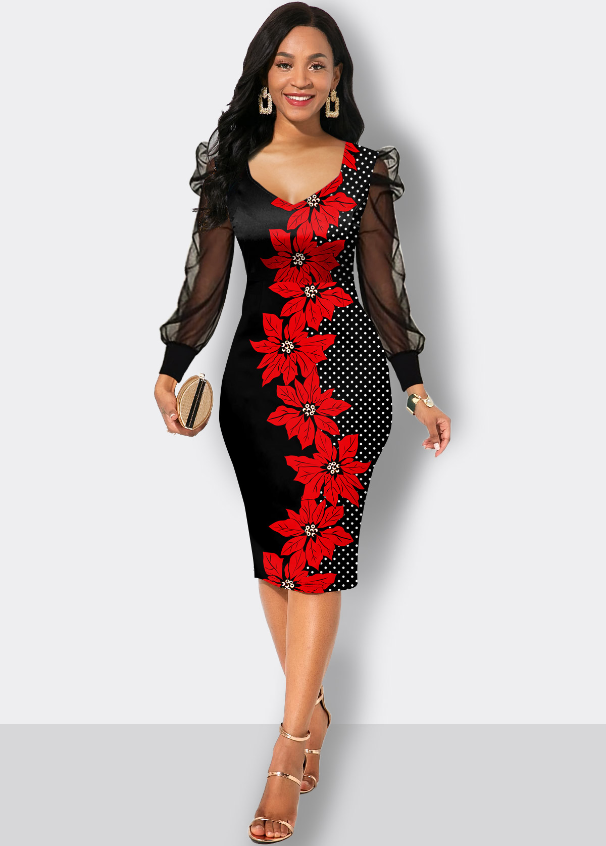 Floral Print Fabric Splicing Long Sleeve Sweetheart Neckline Dress