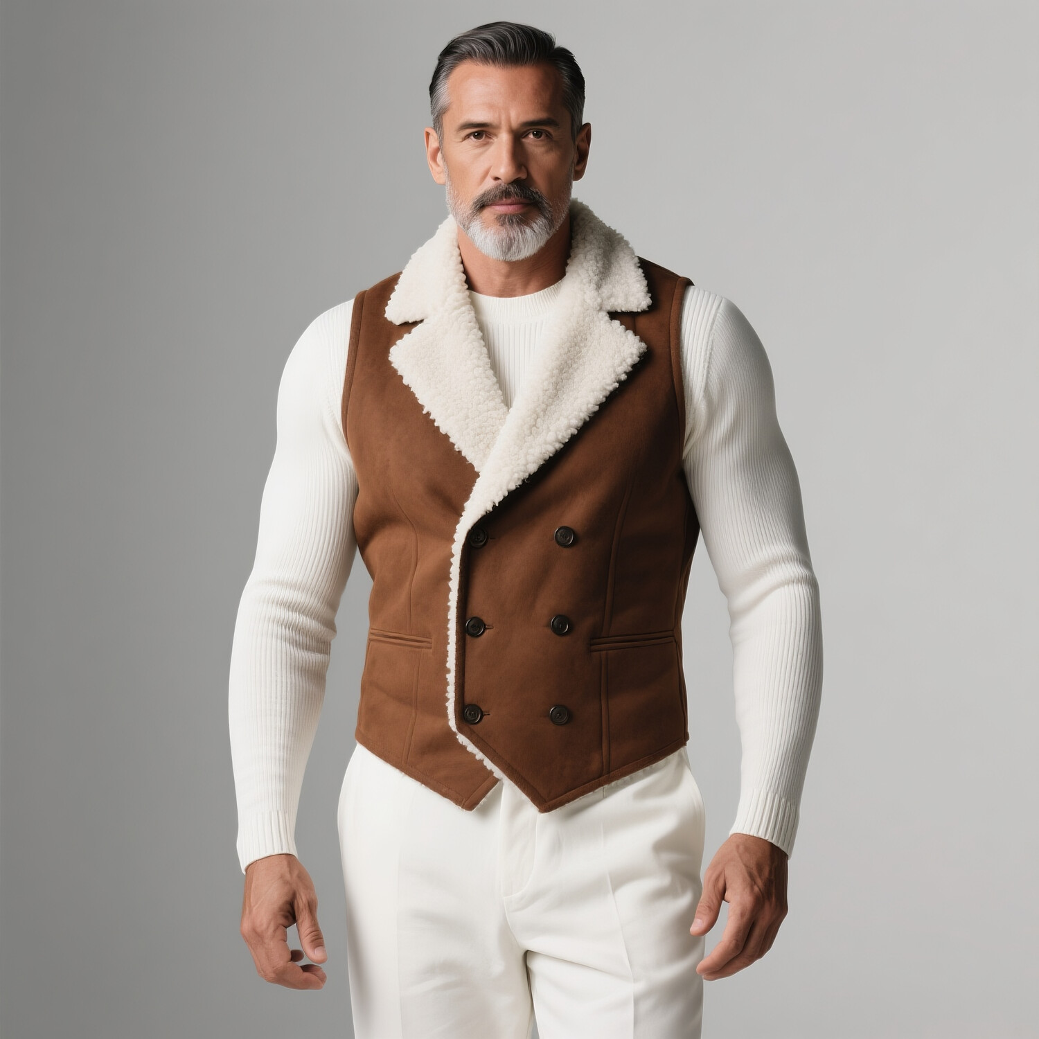 Men's Notch Lapel Fuzzy Lined Double Breasted Sleeveless Suede Vest