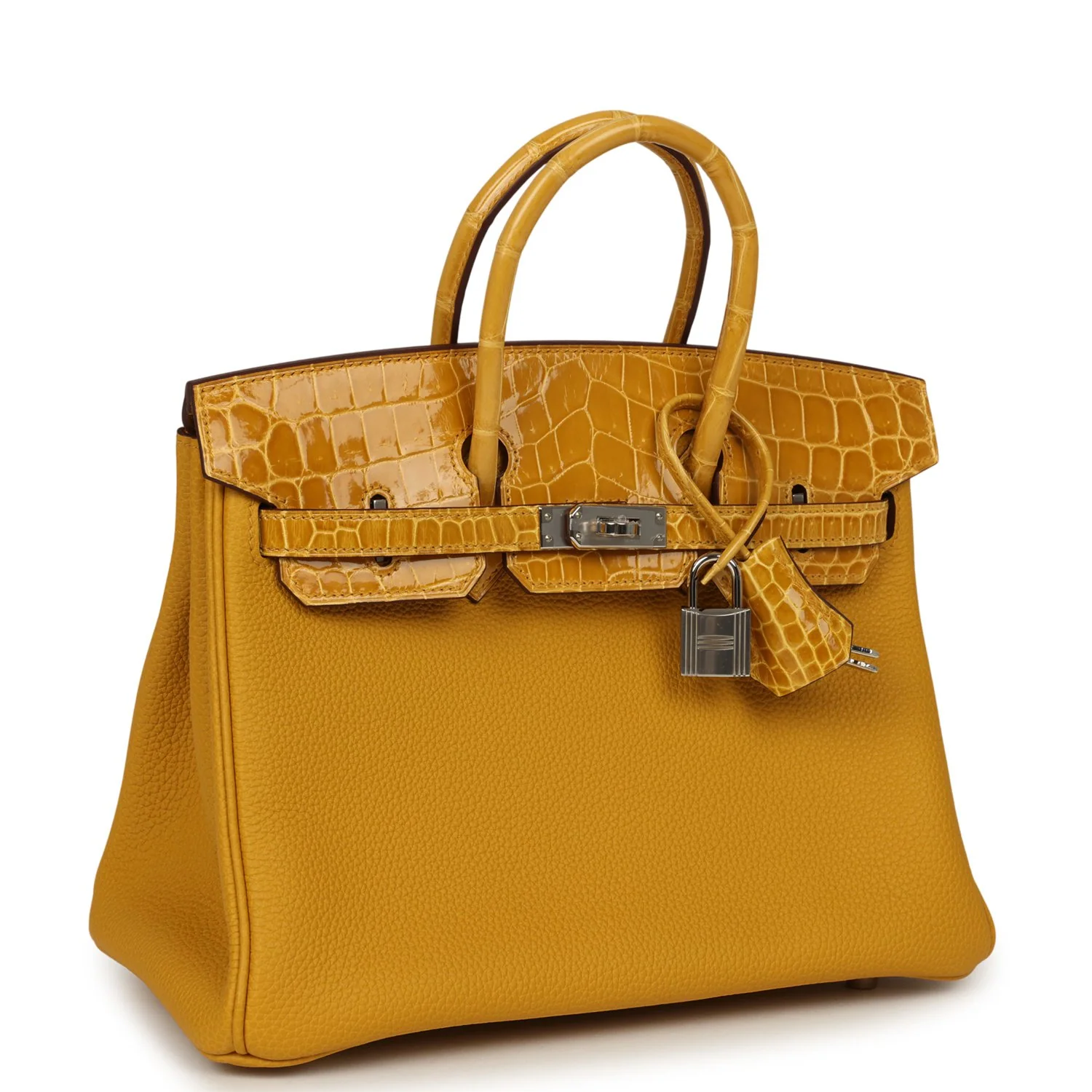 HERMÈS Birkin 25 Jaune Ambre Togo, Shiny Porosus Crocodile Touch Palladium Hardware