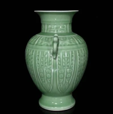 30CM Qianlong Signed Old Chinese Green Glaze Vase W/dragon N217