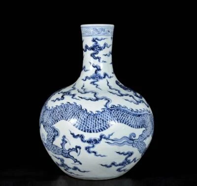 43CM Xuande Singed Old Chinese Blue and White Vase W/dragon N3398