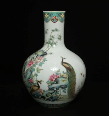 32CM Yongzheng Signed Old Antique Chinese Famille Rose Vase W/flower