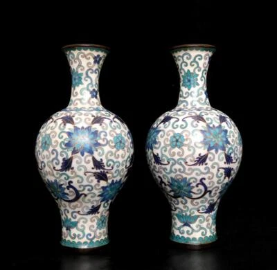 Qianlong Signed Pair Old Chinese Cloisonne Enamel Bronze Vase w/flower N959