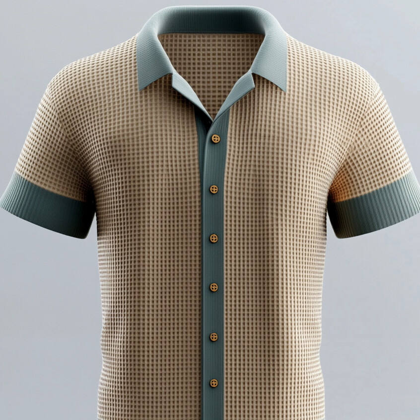 Men's Colorblock Textured Knit Camp Collar Short Sleeve Button Shirt