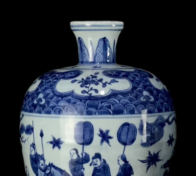 32CM Jiajing Singed Old Chinese Blue and White Vase W/figure N1119