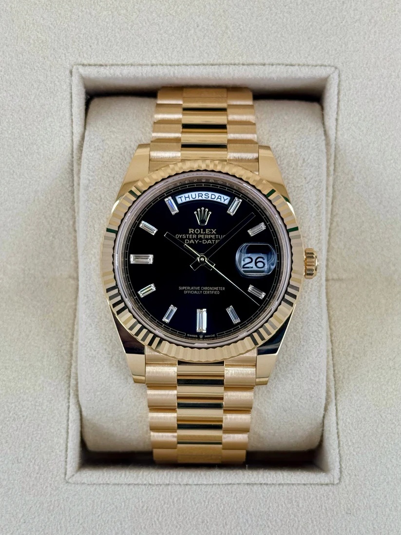 RLX  Yellow Gold President Day Date 40mm Black Diamond Baguette Dial - 228238