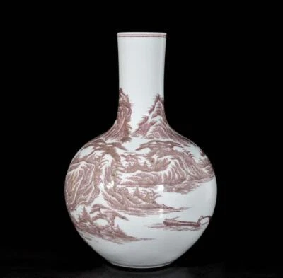 37CM Kangxi Singed Old Chinese Underglaze Red Vase W/landscape N3403