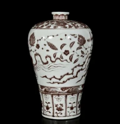 36CM Hongwu Signed Old Chinese Underglaze Red Vase W/louts flower N3199