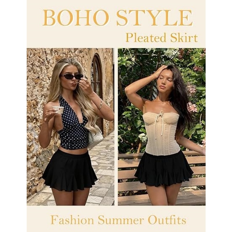 Women's Pleated Mini Skirt Ruffle Flowy Tennis Skirt Double Layered Outfit