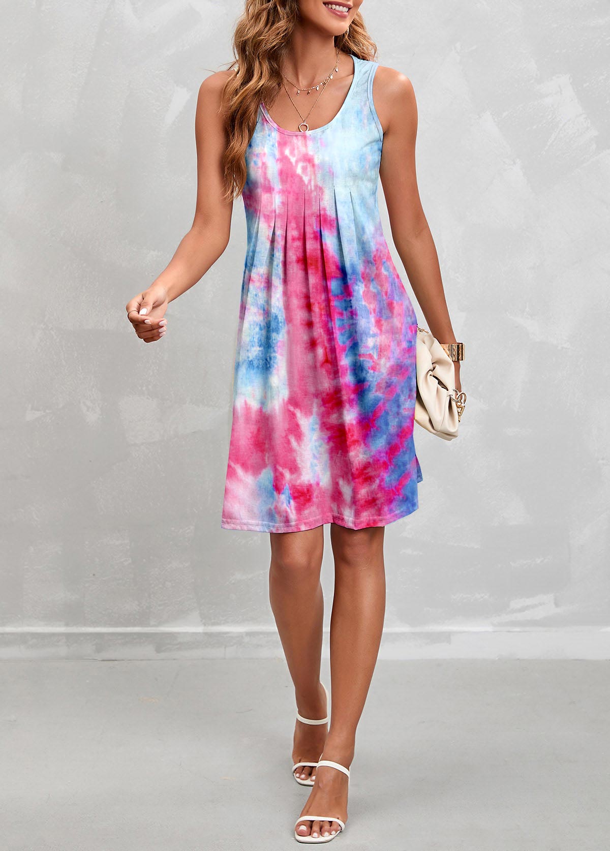 Sleeveless Round Neck Pleated Design Dress