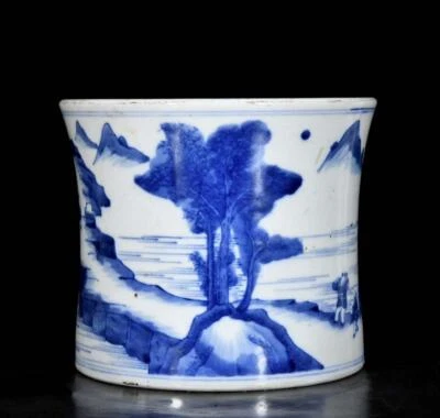 Kangxi Signed Old Chinese Blue and White Brush Pot W/landscape N3552