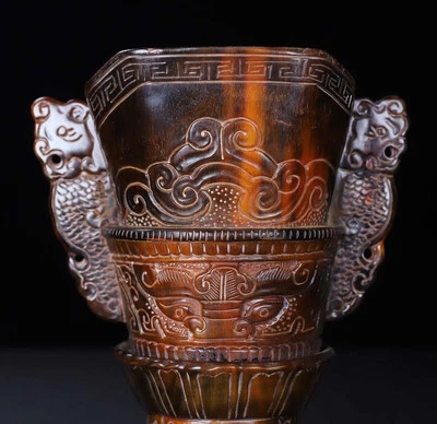 Qianlong Signed Old Chinese Cow Statue Cup w/dragon N4159