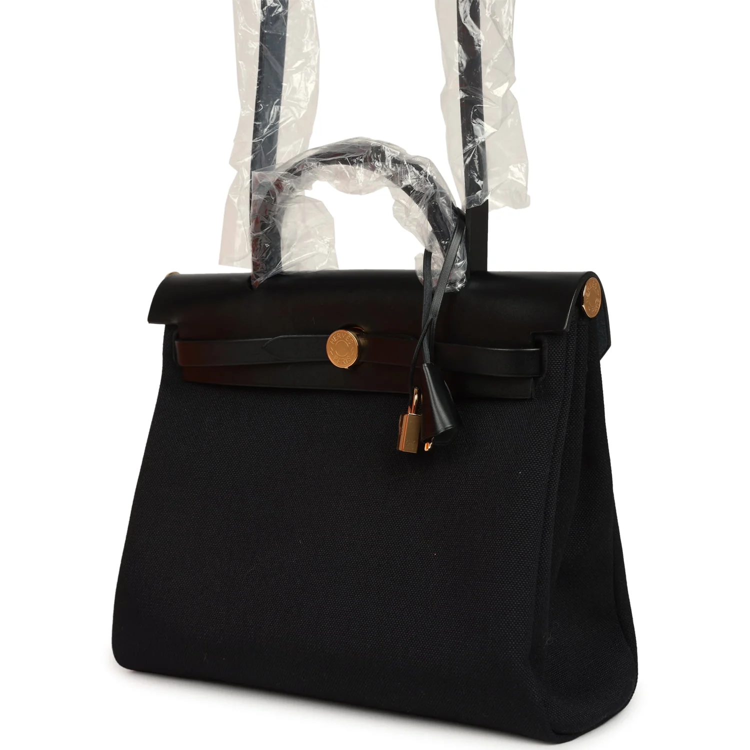 Hermes Herbag Zip 31 PM Black Toile Militaire Canvas, Vache Hunter Gold Hardware