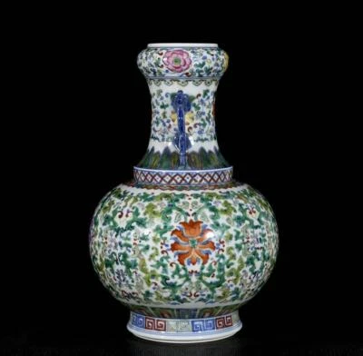 32CM Qianlong Singed Old Chinese Doucai Vase W/flower N3358